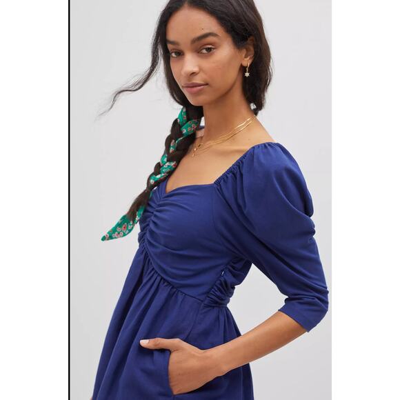 NWT Anthropologie Puff-Sleeve Royal Blue Mini Dress - Large - Picture 2 of 5